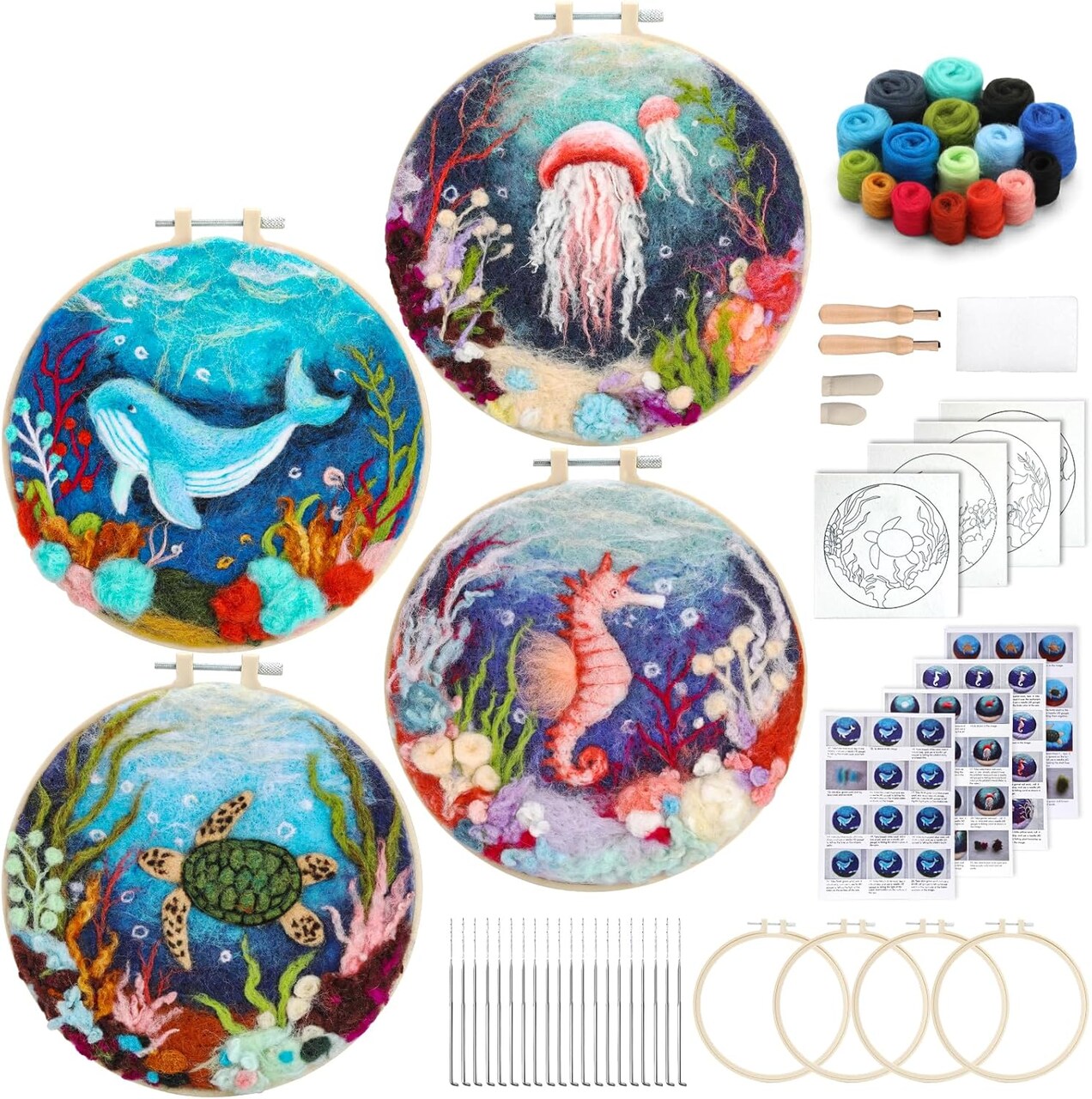 Needle Felting Kit, Wool Felting Kit for Beginners Adult with Wool, Needles, Foam Pad, Felt Cloth and Instructions – 4 Set Sea Animals Painting Frame for Great Gift